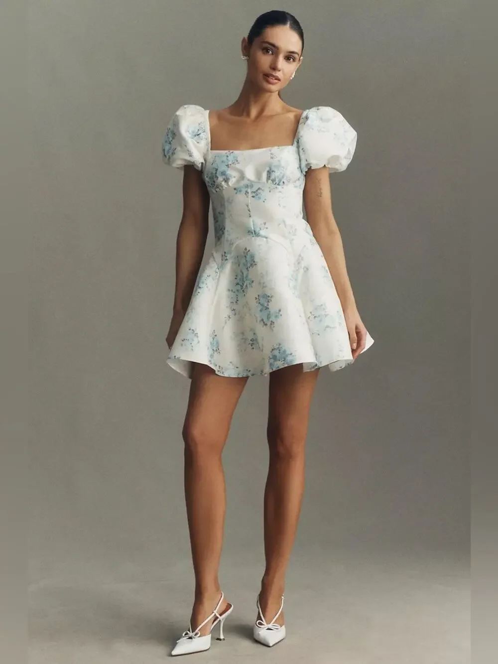 BHLDN Puff-Sleeve Printed Dupioni Fit & Flare Mini Dress